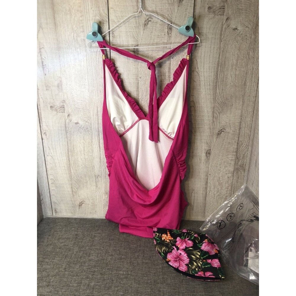 Women's Pink Swim Suit with Hawaiian Floral Black Bucket Beach Hat Size 3XL. E1 - Picture 3 of 10